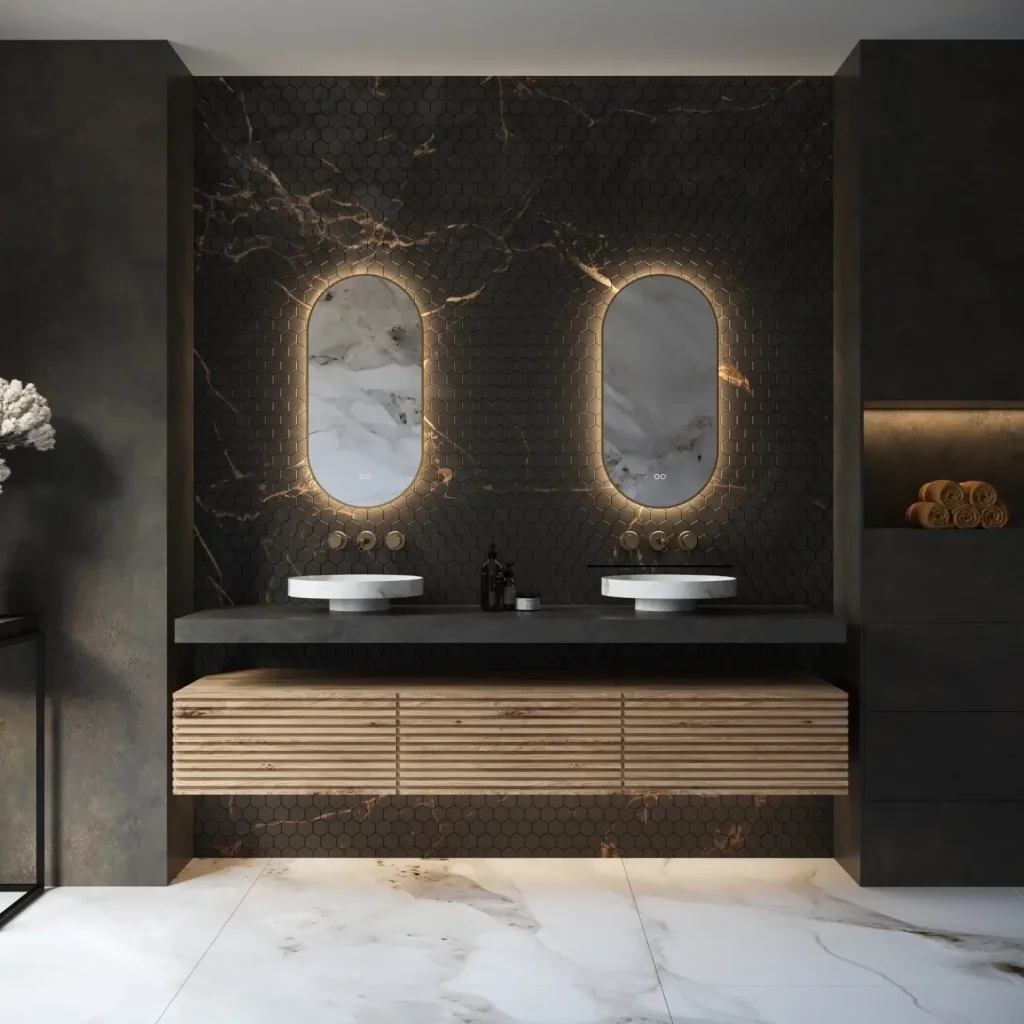 Deluxe ovalt spejl med messing ramme LED-lys og antidug 40x90 cm
