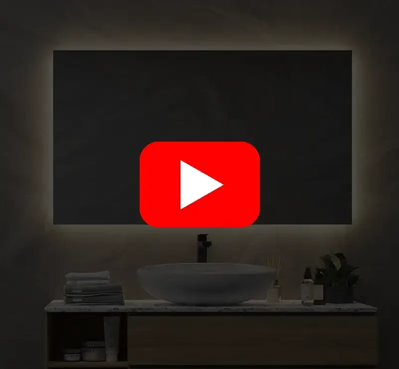 Video af spejl i 120×70 cm med antidug, baggrundsbelysning og dæmpbar lysstyring